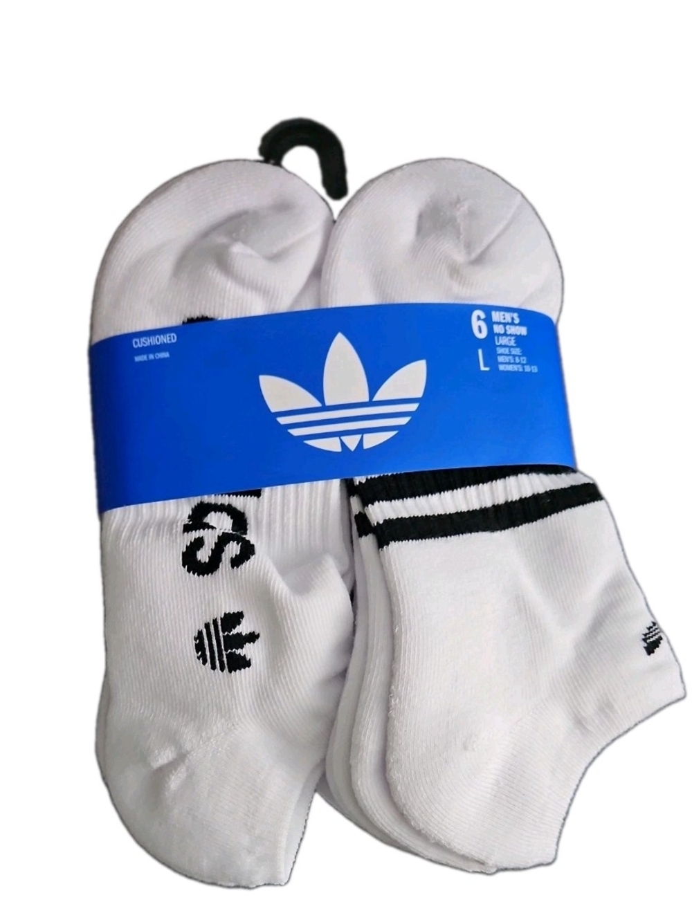 Adidas Men’s no show Socks 6 pairs White Black Cushioned Size L 8-12 New NWT